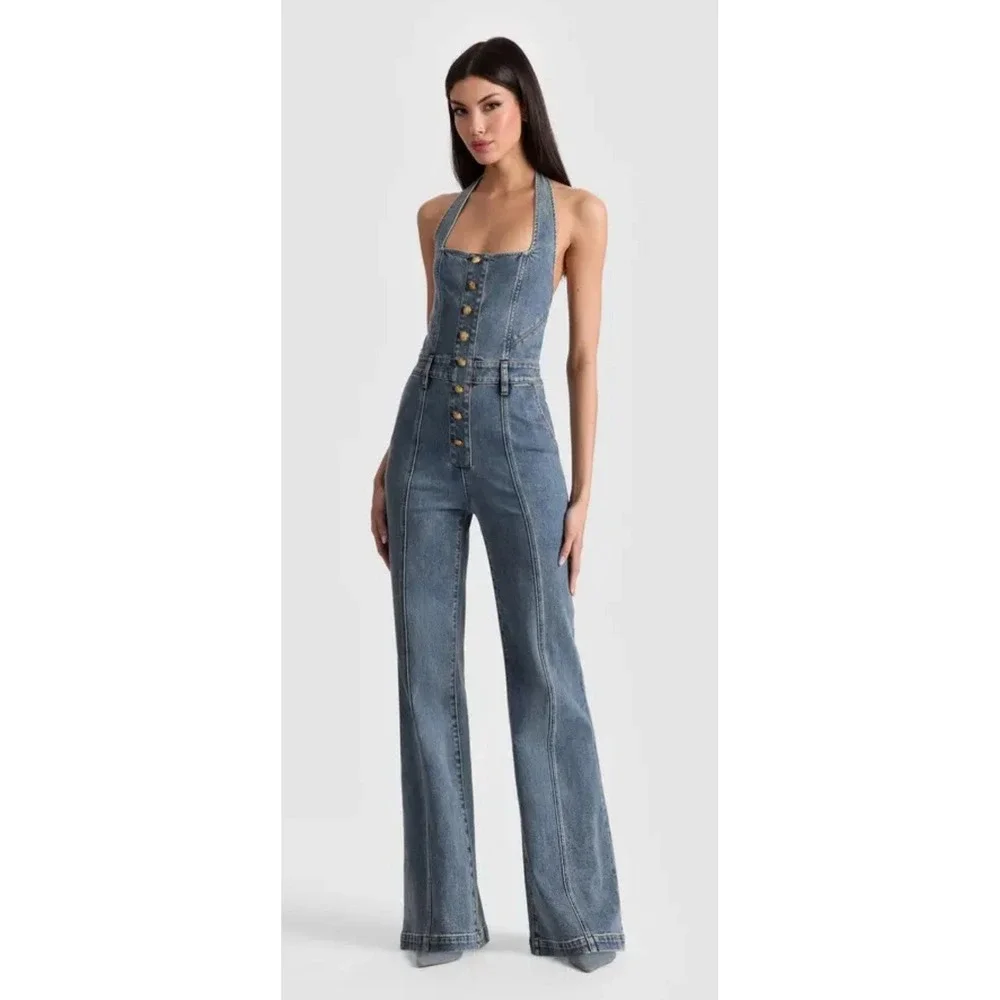 $550 NWT Alice+Olivia Gorgeous Pennie Denim Bootleg Halter Jumpsuit - Picture 4 of 16